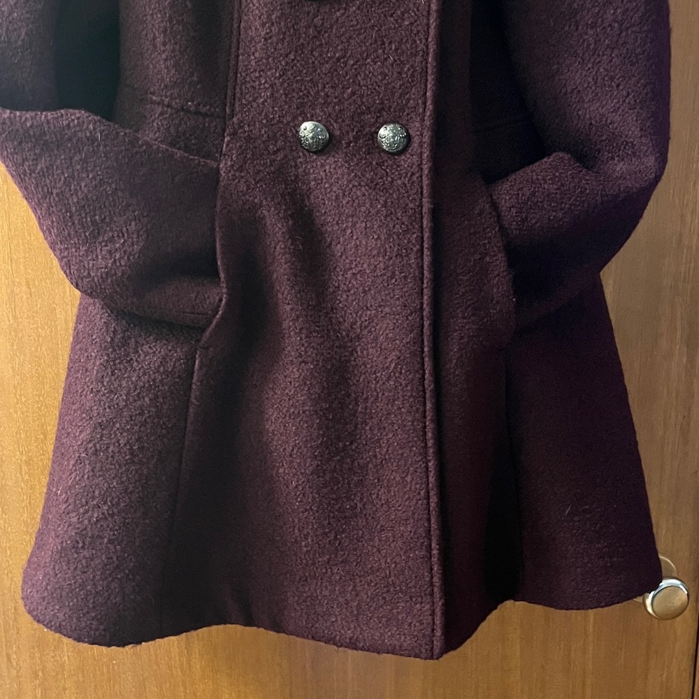 Liz Claiborne Double-Breasted Plum Coat with Fur Trimmed [zip-off] Hood - Picture 3 of 11